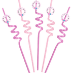 Pink spiral reusable straws with decorative party text birthday theme from Parte Haus party supply store in Bethesda MD