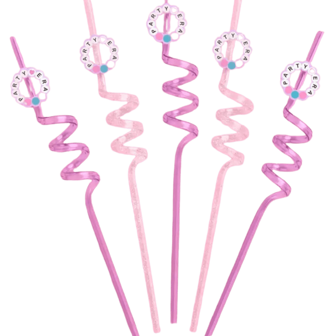 Pink spiral reusable straws with decorative party text birthday theme from Parte Haus party supply store in Bethesda MD