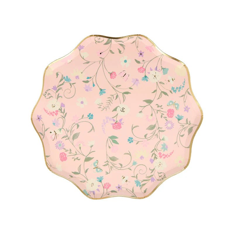 Pink floral scalloped plate with gold trim for spring garden event from Parte Haus party supply store in Bethesda MD