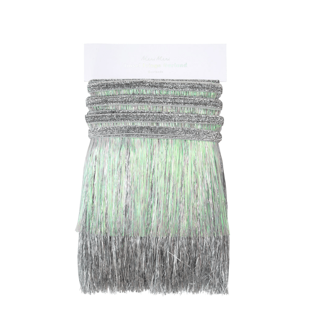 Silver tinsel garland metallic hanging fringe decoration for celebrations from Parte Haus party supply store in Bethesda MD