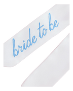 White bride to be sash with blue script for bridal shower from Parte Haus party supply store in Bethesda Maryland