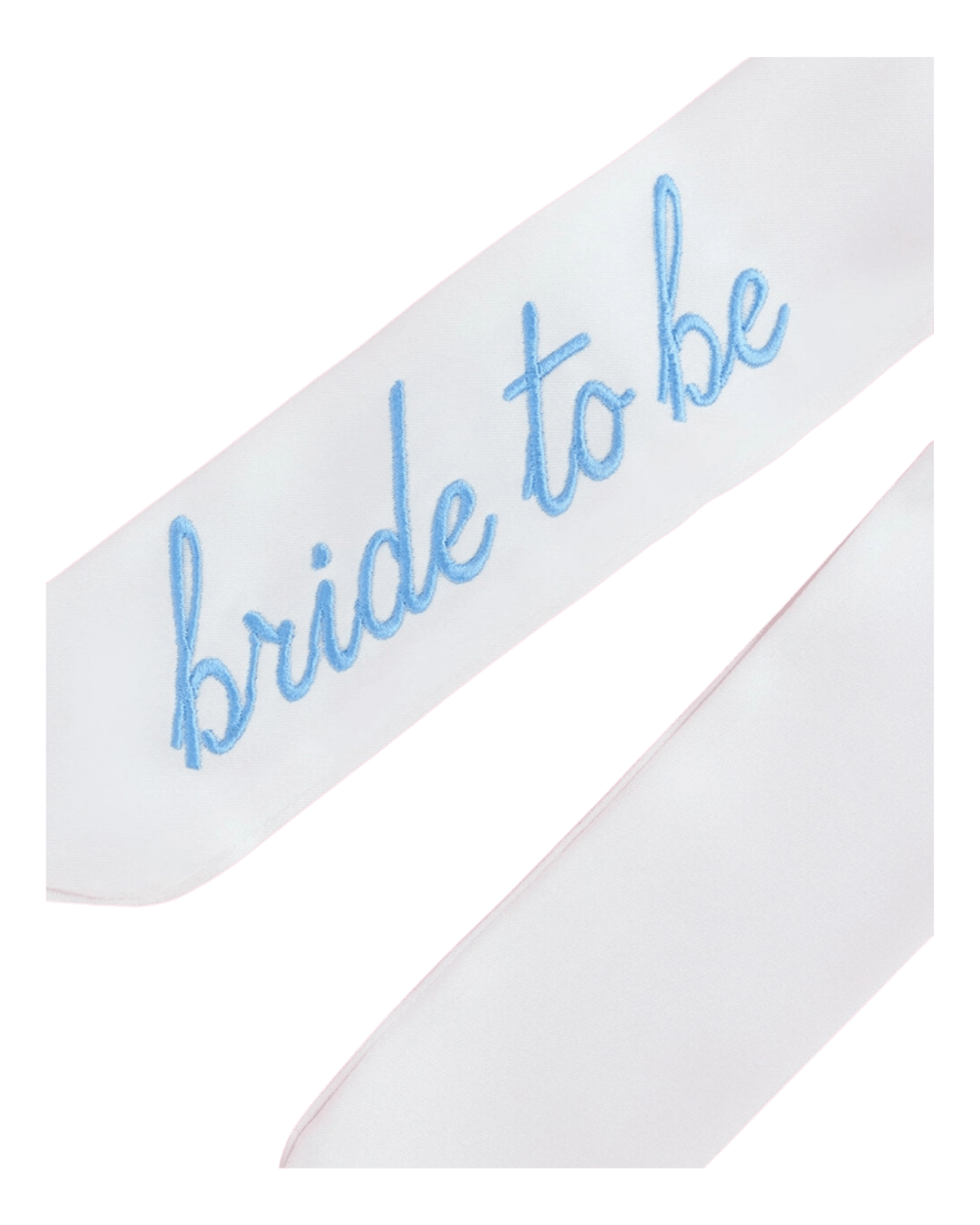 White bride to be sash with blue script for bridal shower from Parte Haus party supply store in Bethesda Maryland