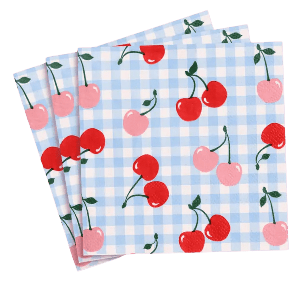 Blue gingham napkin with red and pink cherry print summer picnic theme from Parte Haus party supply store in Bethesda Maryland