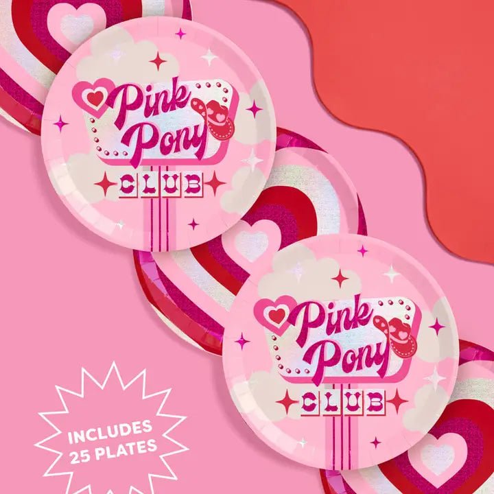 Pink Pink Pony Club plates with heart and cloud design for club theme from Parte Haus party supply store in Bethesda MD