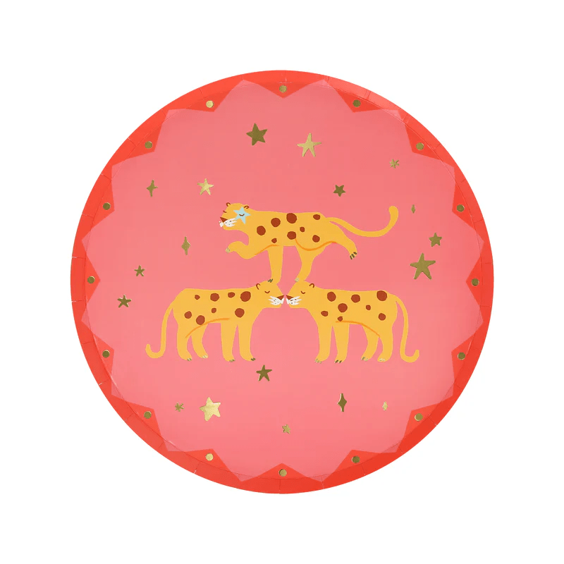Pink leopard paper plate with gold stars circus theme from Parte Haus party supply store in Bethesda Maryland