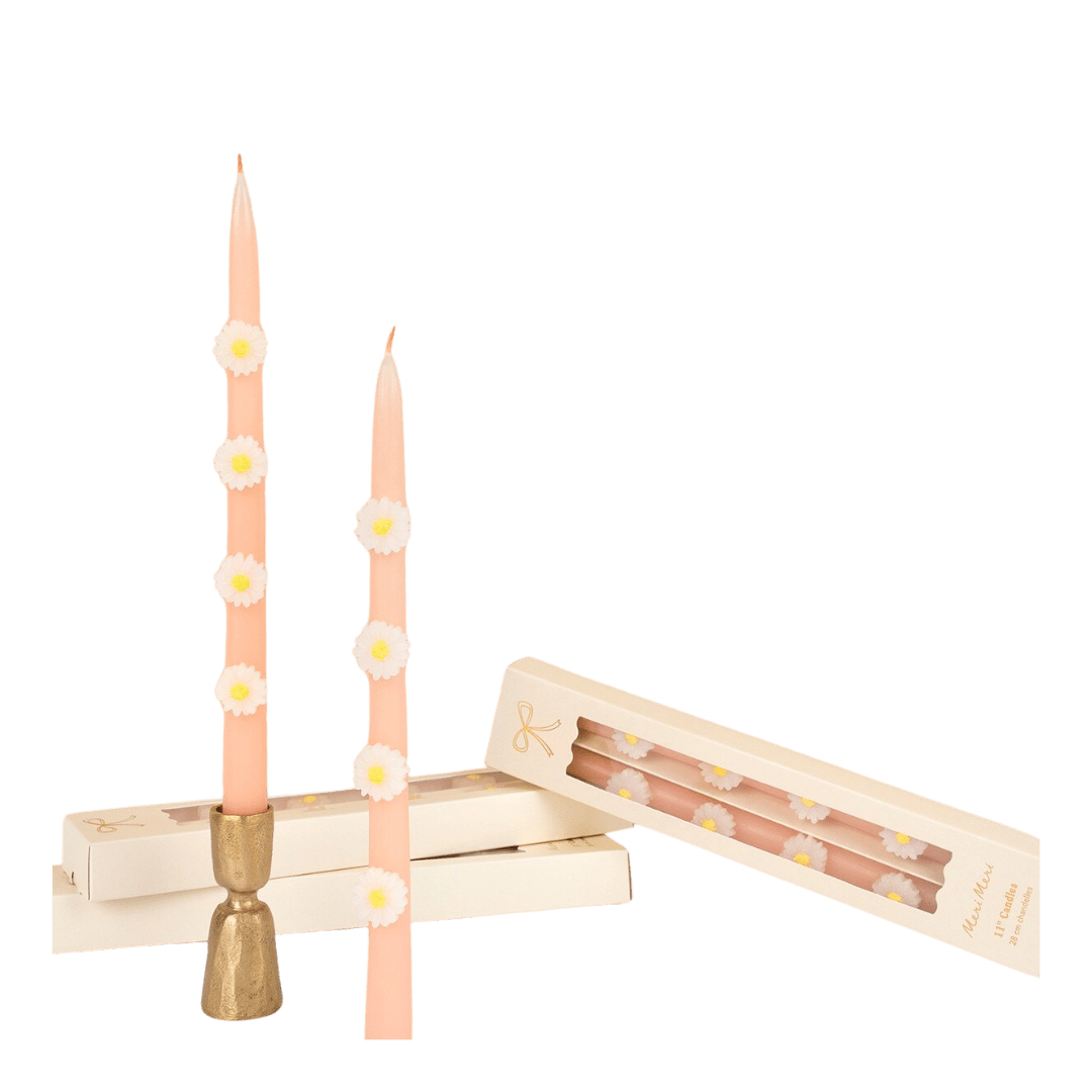 Peach floral taper candles with white daisy accents spring decor from Parte Haus party supply store in Bethesda Maryland