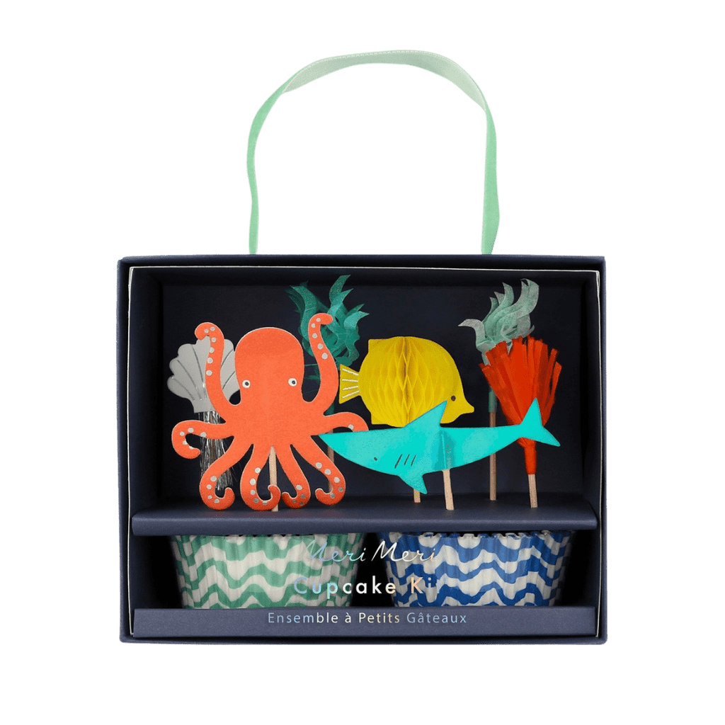 Blue and orange ocean animal cupcake kit with sea creature toppers under the sea theme from Parte Haus party supply store in Bethesda Maryland