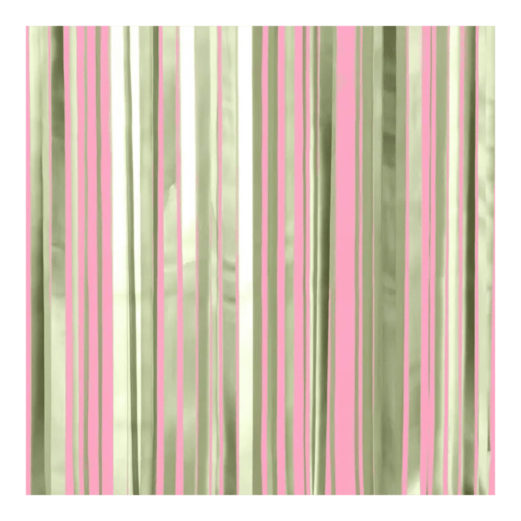 Pink and gold fringe curtain shiny metallic backdrop for birthday theme from Parte Haus party supply store in Bethesda MD