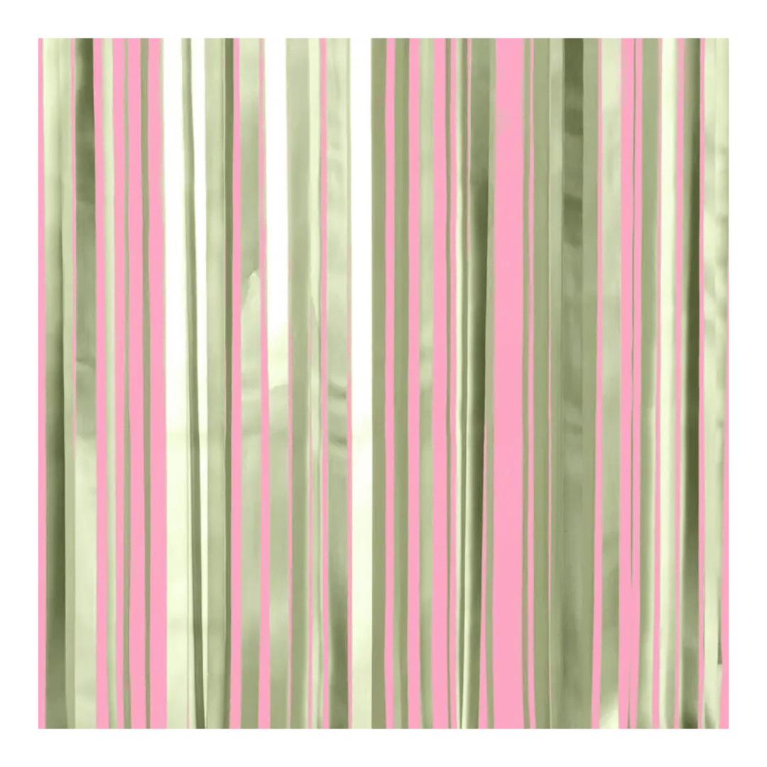 Pink and gold fringe curtain shiny metallic backdrop for birthday theme from Parte Haus party supply store in Bethesda MD