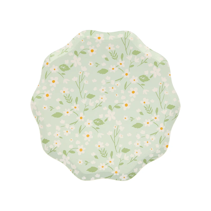 Mint green floral scalloped paper plate with white and yellow daisies spring theme from Parte Haus party supply store in Bethesda MD