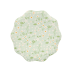 Mint green floral scalloped paper plate with white and yellow daisies spring theme from Parte Haus party supply store in Bethesda MD