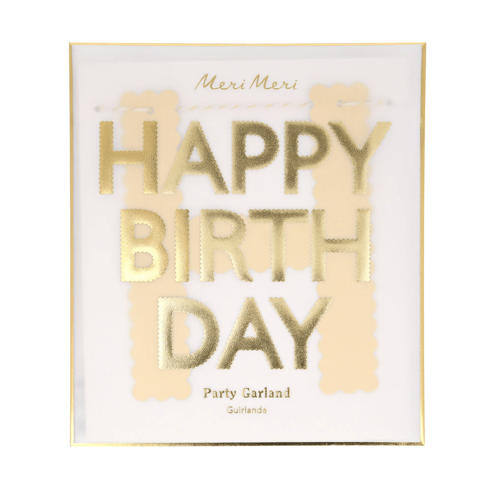 Gold happy birthday garland with scalloped edges birthday theme from Parte Haus party supply store in Bethesda Maryland