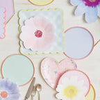 Pastel floral and checkered paper plates for spring celebration from Parte Haus party supply store in Bethesda MD