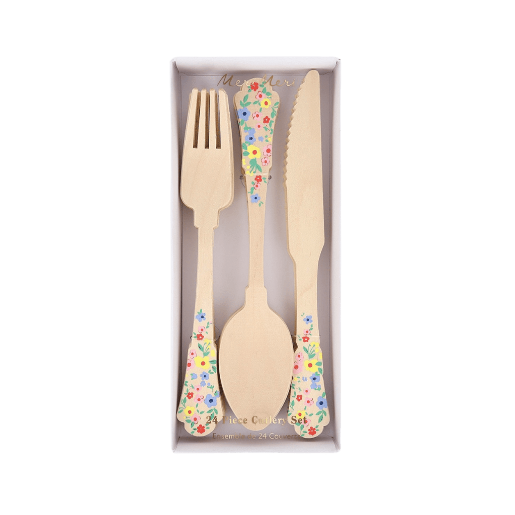 Floral print wooden cutlery set with fork spoon and knife spring birthday from Parte Haus party supply store in Bethesda MD