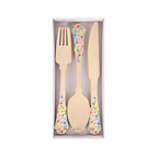 Floral print wooden cutlery set with fork spoon and knife spring birthday from Parte Haus party supply store in Bethesda MD