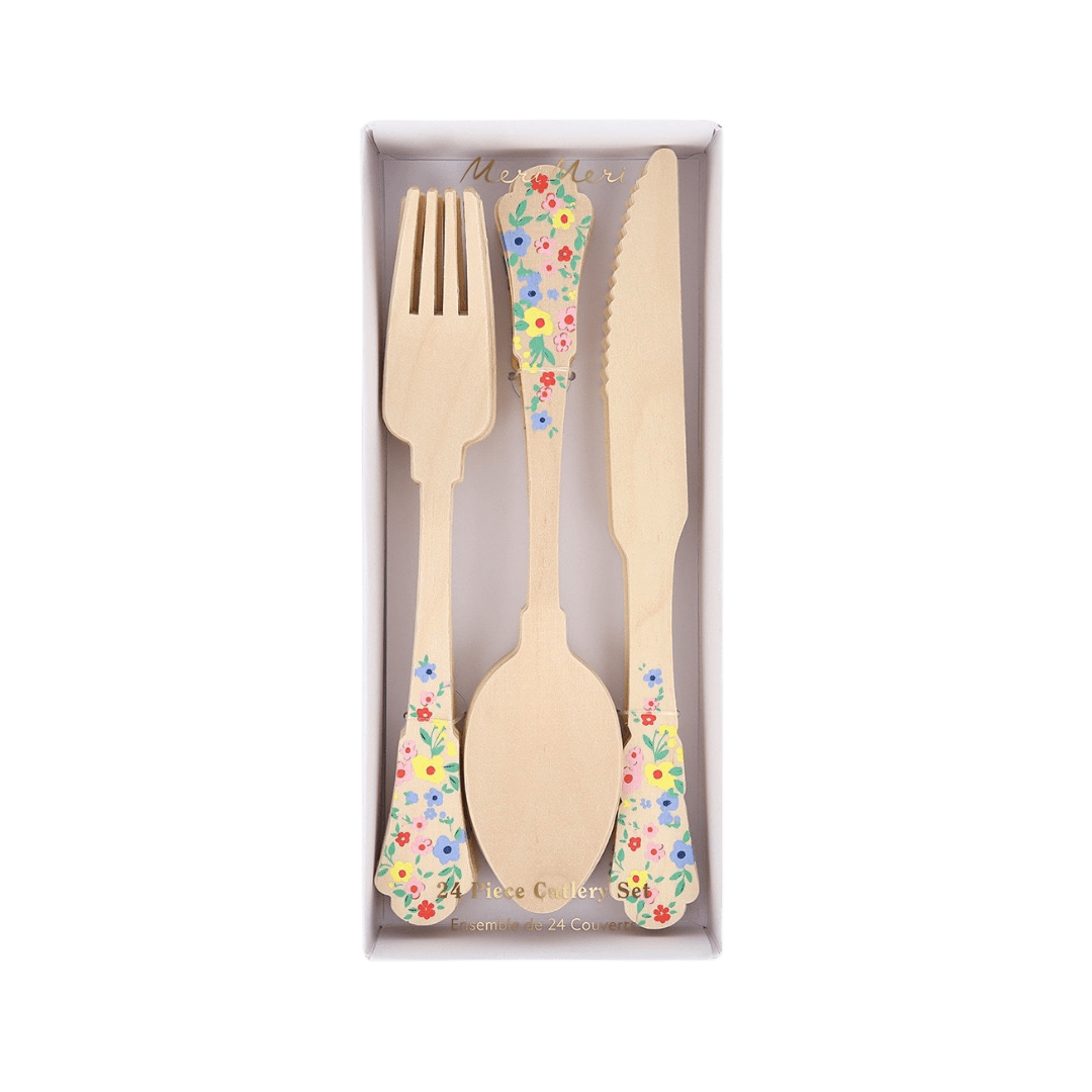 Floral print wooden cutlery set with fork spoon and knife spring birthday from Parte Haus party supply store in Bethesda MD
