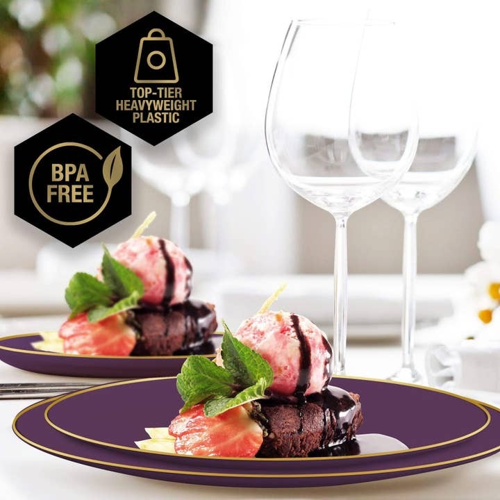 Purple plastic dinner plates with gold rims holding desserts elegant tableware from Parte Haus party supply store in Bethesda MD