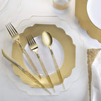 Gold dinnerware set with glitter handle cutlery for elegant events from Parte Haus party supply store in Bethesda Maryland