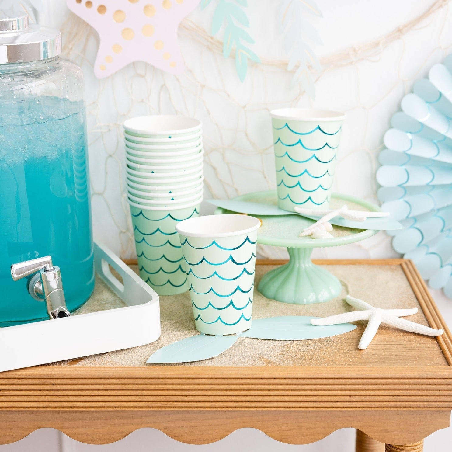Mint wave paper cups ocean party birthday decor from Parte Haus party supply store in Bethesda MD