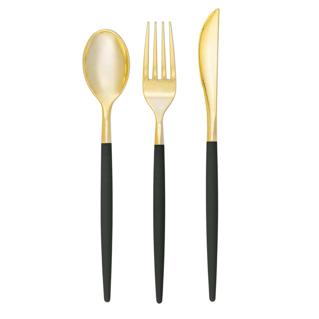Gold and black cutlery set featuring spoon fork and knife modern tableware from Parte Haus party supply store in Bethesda Maryland