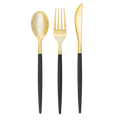 Gold and black cutlery set featuring spoon fork and knife modern tableware from Parte Haus party supply store in Bethesda Maryland