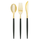 Gold and black cutlery set featuring spoon fork and knife modern tableware from Parte Haus party supply store in Bethesda Maryland