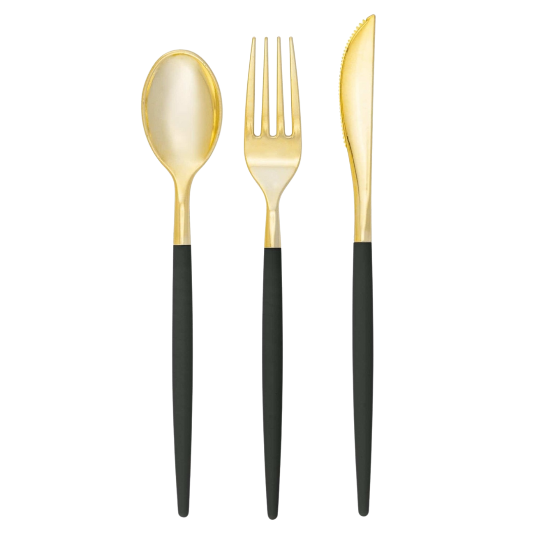 Gold and black cutlery set featuring spoon fork and knife modern tableware from Parte Haus party supply store in Bethesda Maryland