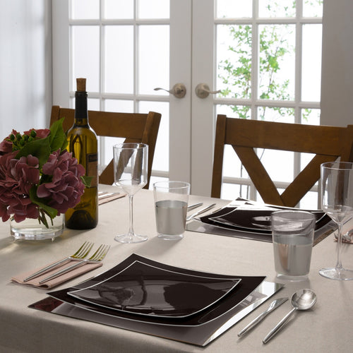 Black square plastic plates elegant dinnerware set for formal event from Parte Haus party supply store in Bethesda Maryland