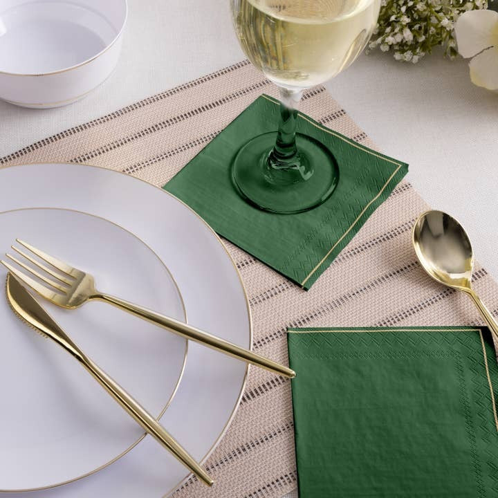 Green napkin elegant table setting for dinner party from Parte Haus party supply store in Bethesda MD
