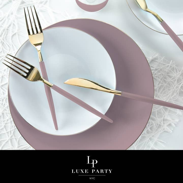 Mauve and gold cutlery and plates elegant table setting from Parte Haus party supply store in Bethesda MD