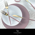 Mauve and gold cutlery and plates elegant table setting from Parte Haus party supply store in Bethesda MD