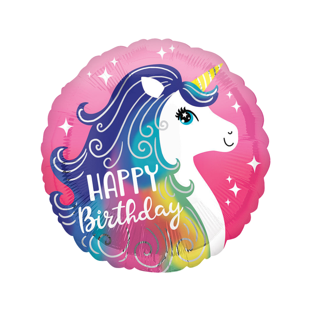 Dark blue and rainbow unicorn 18in Happy Birthday foil balloon from Parte Haus in Bethesda, MD for unicorn and fantasy birthday décor.