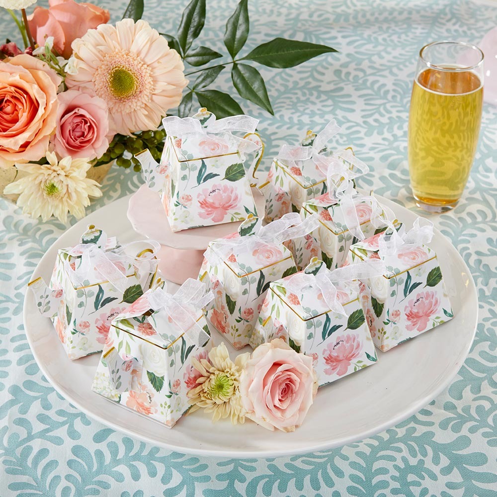 Floral pastel teapot favor boxes for tea party bridal shower from Parte Haus party supply store in Bethesda MD