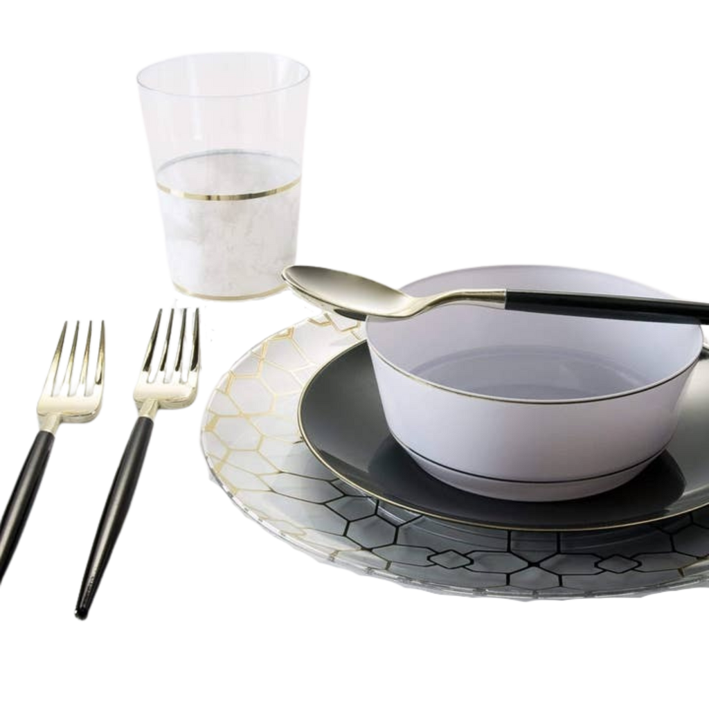 Gold and black dinnerware set with cup and utensils elegant celebration theme from Parte Haus party supply store in Bethesda MD