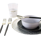 Gold and black dinnerware set with cup and utensils elegant celebration theme from Parte Haus party supply store in Bethesda MD