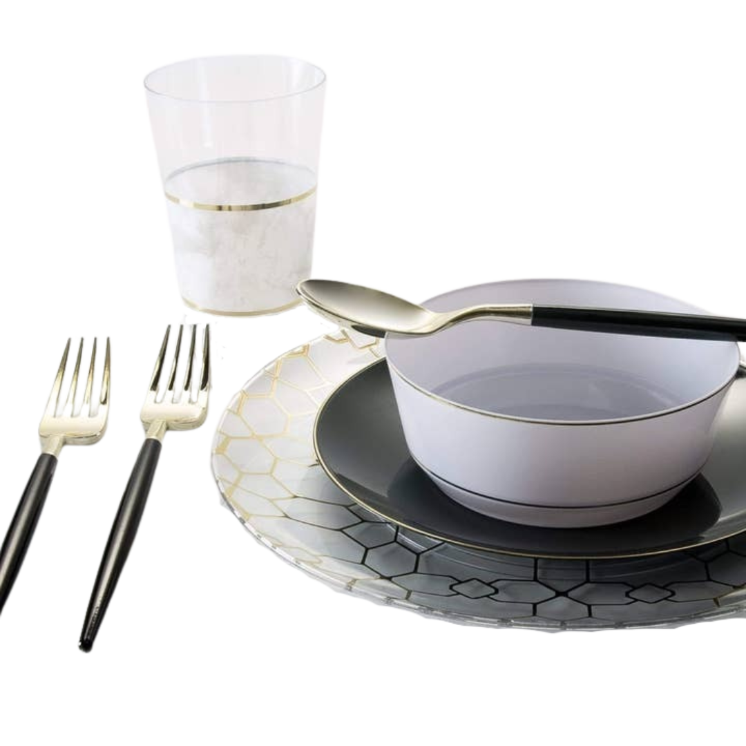 Gold and black dinnerware set with cup and utensils elegant celebration theme from Parte Haus party supply store in Bethesda MD