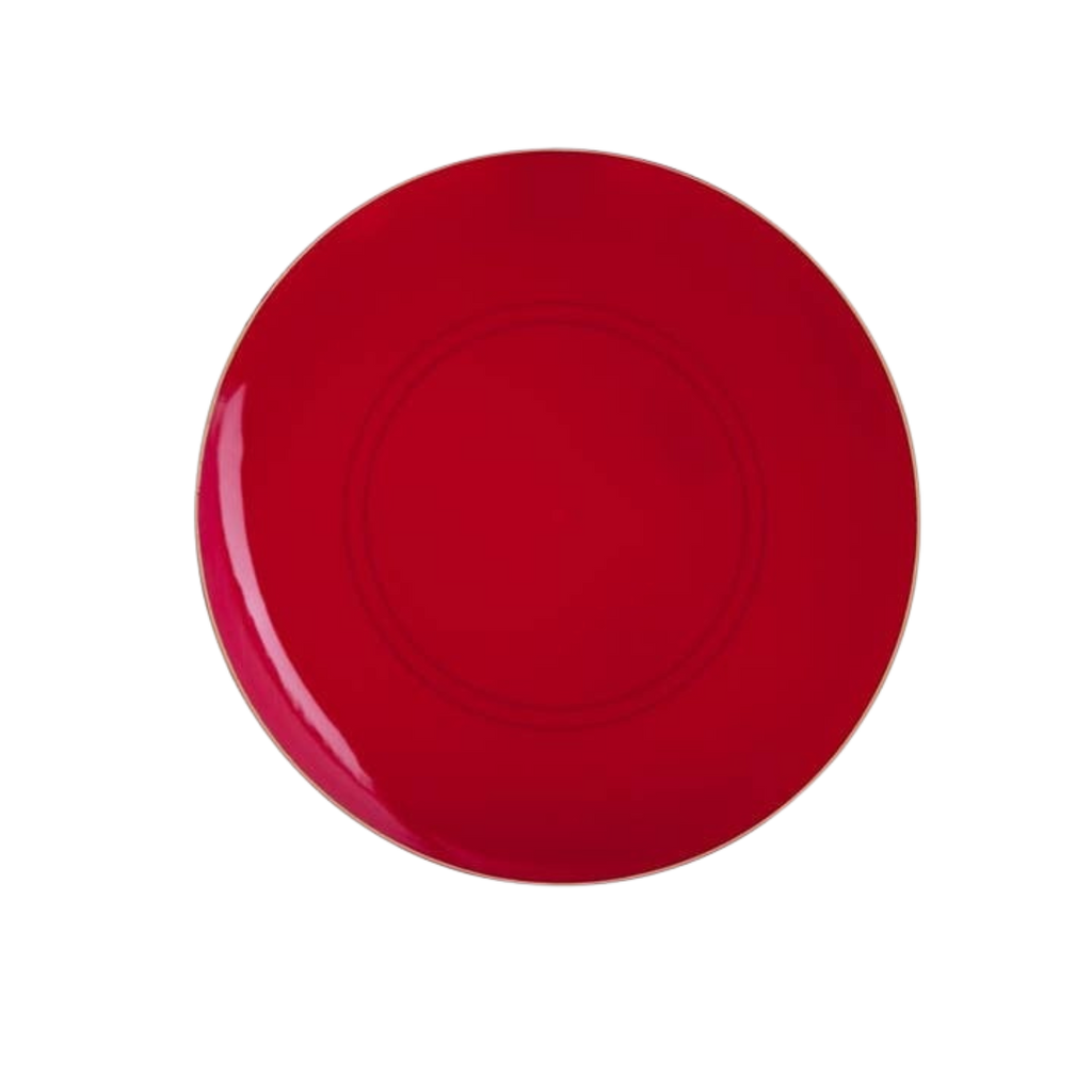 Red plate glossy round dinnerware for holiday from Parte Haus party supply store in Bethesda MD
