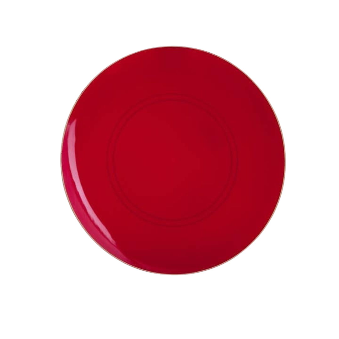 Red plate glossy round dinnerware for holiday from Parte Haus party supply store in Bethesda MD