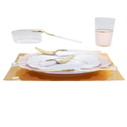 White and gold dinnerware set with plates napkins and clear gold cutlery elegant celebration from Parte Haus party supply store in Bethesda Maryland
