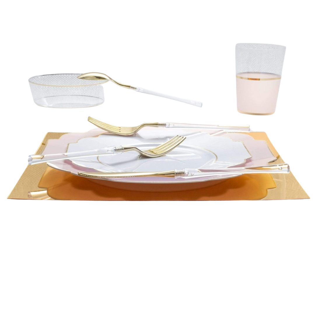 White and gold dinnerware set with plates napkins and clear gold cutlery elegant celebration from Parte Haus party supply store in Bethesda Maryland
