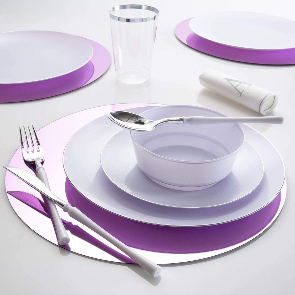Purple and white dinnerware set with bowl plates and utensils for elegant events from Parte Haus party supply store in Bethesda Maryland