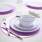 Purple and white dinnerware set with bowl plates and utensils for elegant events from Parte Haus party supply store in Bethesda Maryland