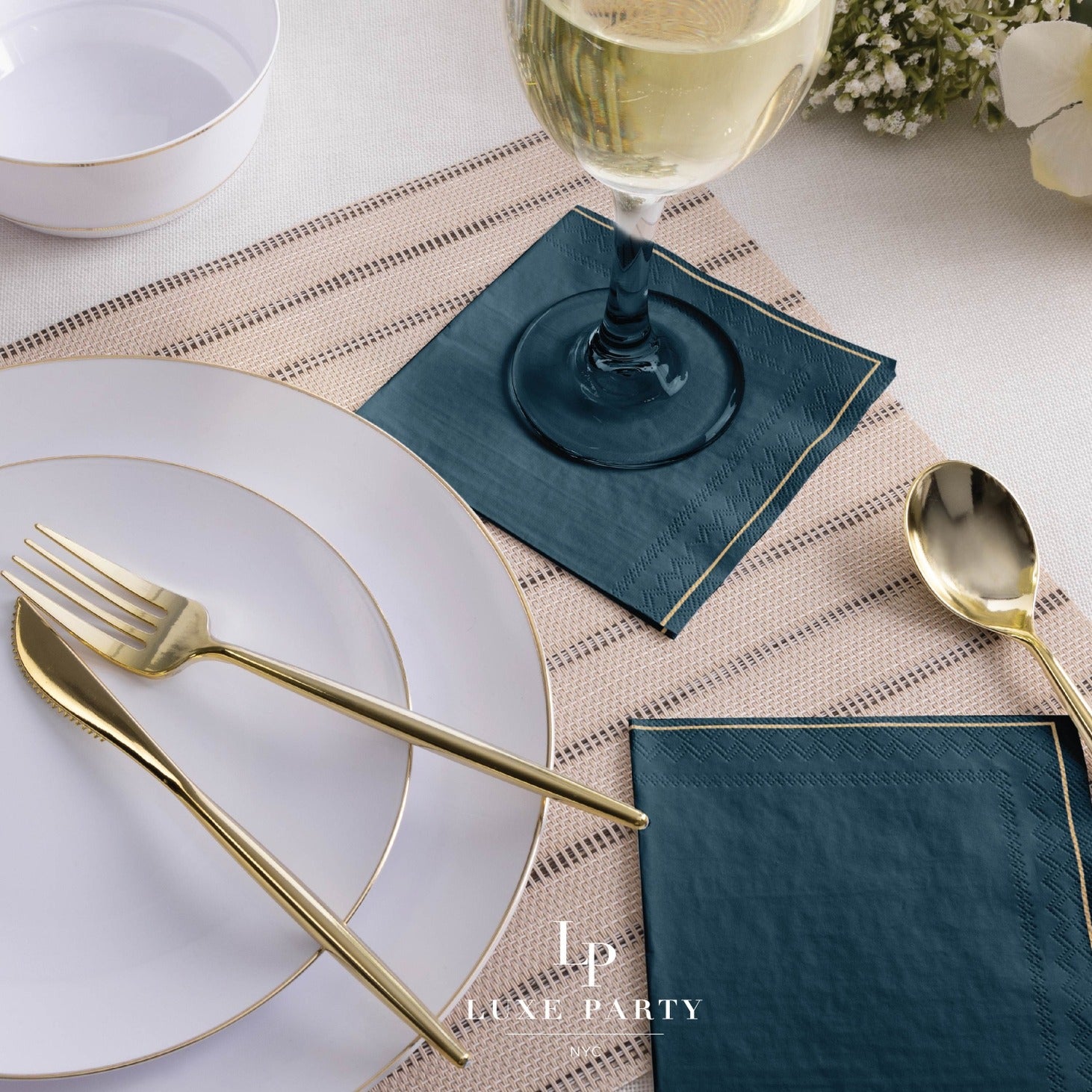 Dark teal napkins elegant table setting for dinner events from Parte Haus party supply store in Bethesda MD.