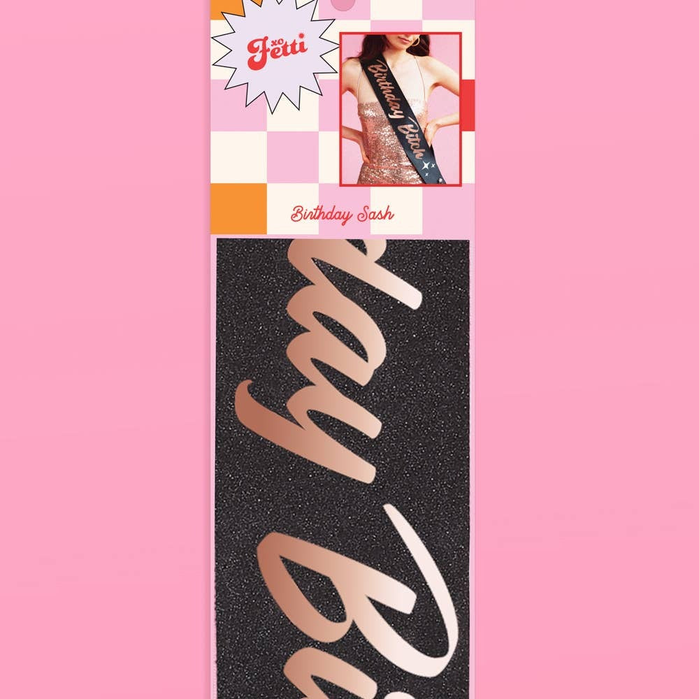 Black and gold birthday sash with glitter design birthday theme from Parte Haus party supply store in Bethesda MD