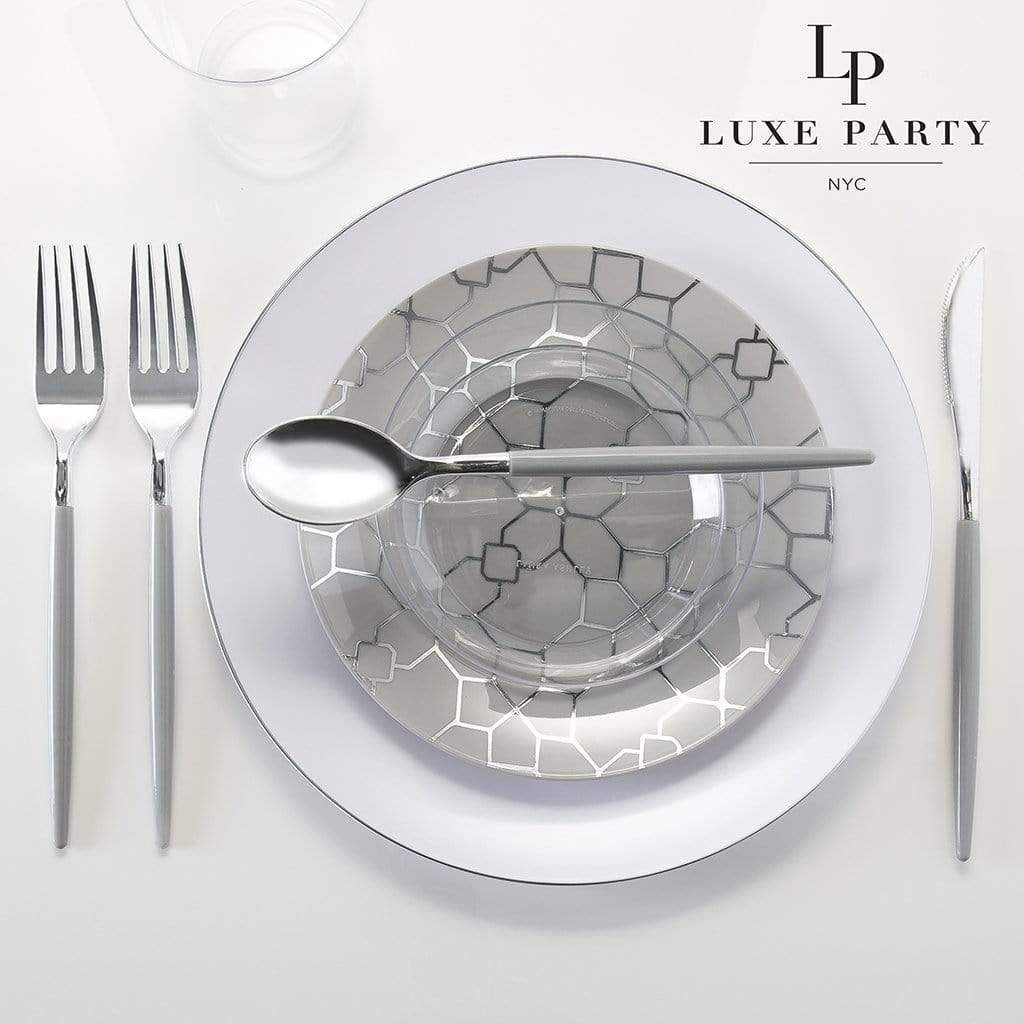 Silver geometric dinnerware set modern table setting for elegant occasions from Parte Haus party supply store in Bethesda MD.