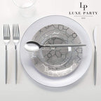 Silver geometric dinnerware set modern table setting for elegant occasions from Parte Haus party supply store in Bethesda MD.