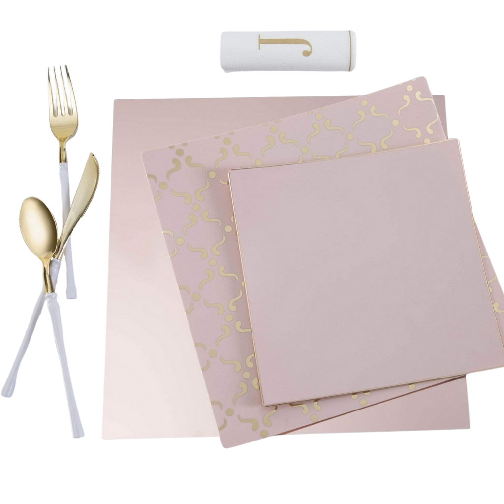 Blush and gold tableware set with utensils and napkin elegant event theme from Parte Haus party supply store in Bethesda MD.