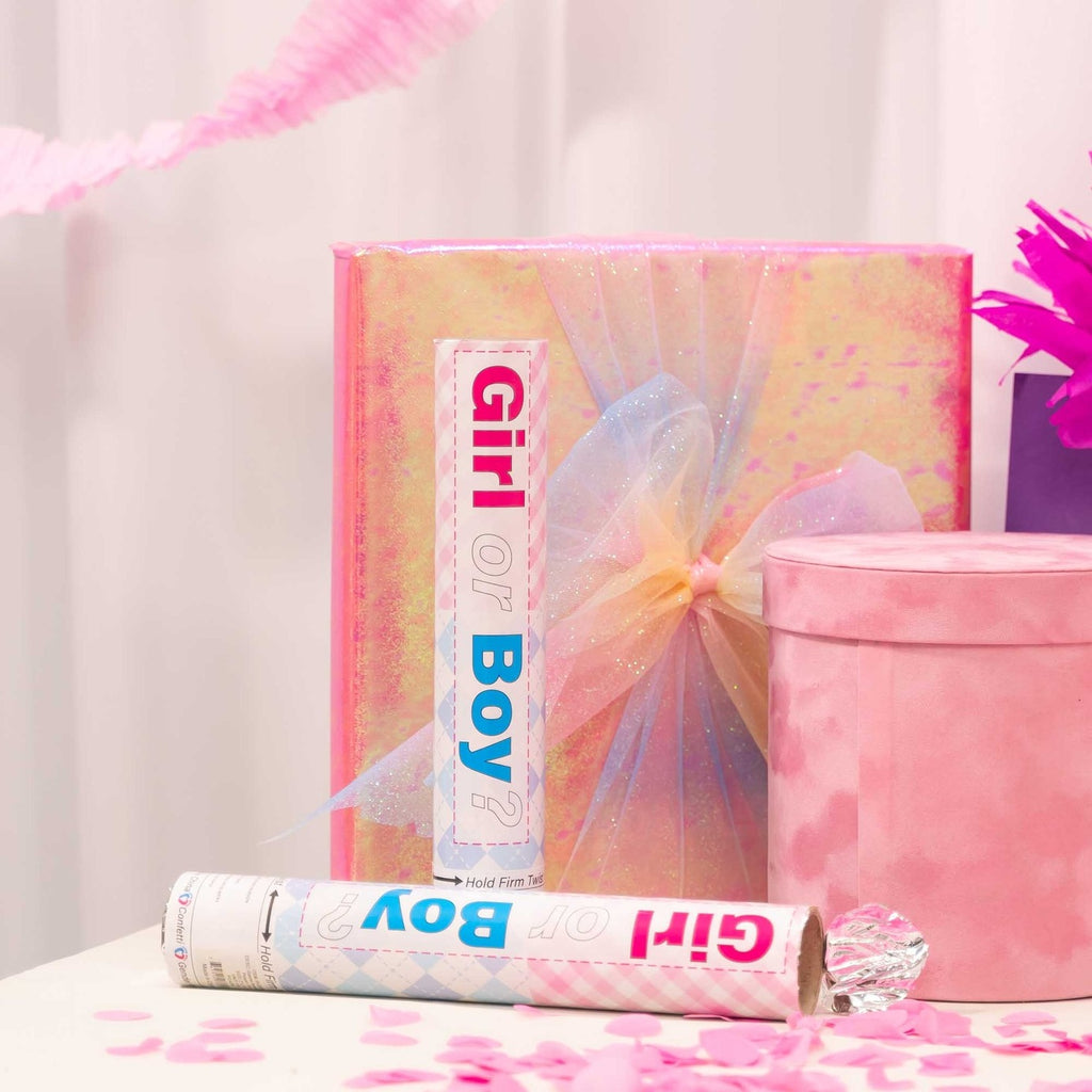Pink and blue gender reveal confetti popper colorful gift box baby shower theme from Parte Haus party supply store in Bethesda MD