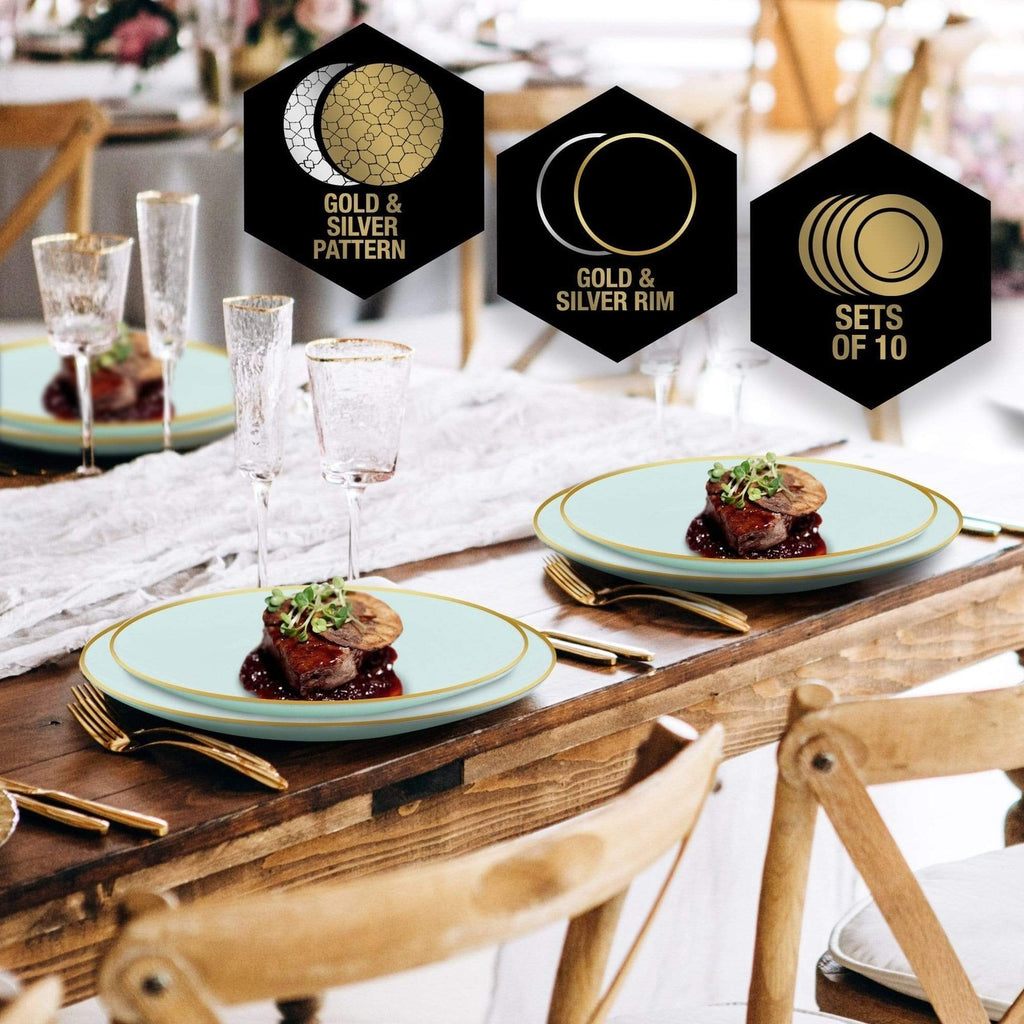Gold and silver rim dinner plates elegant table setting for wedding from Parte Haus party supply store in Bethesda MD.