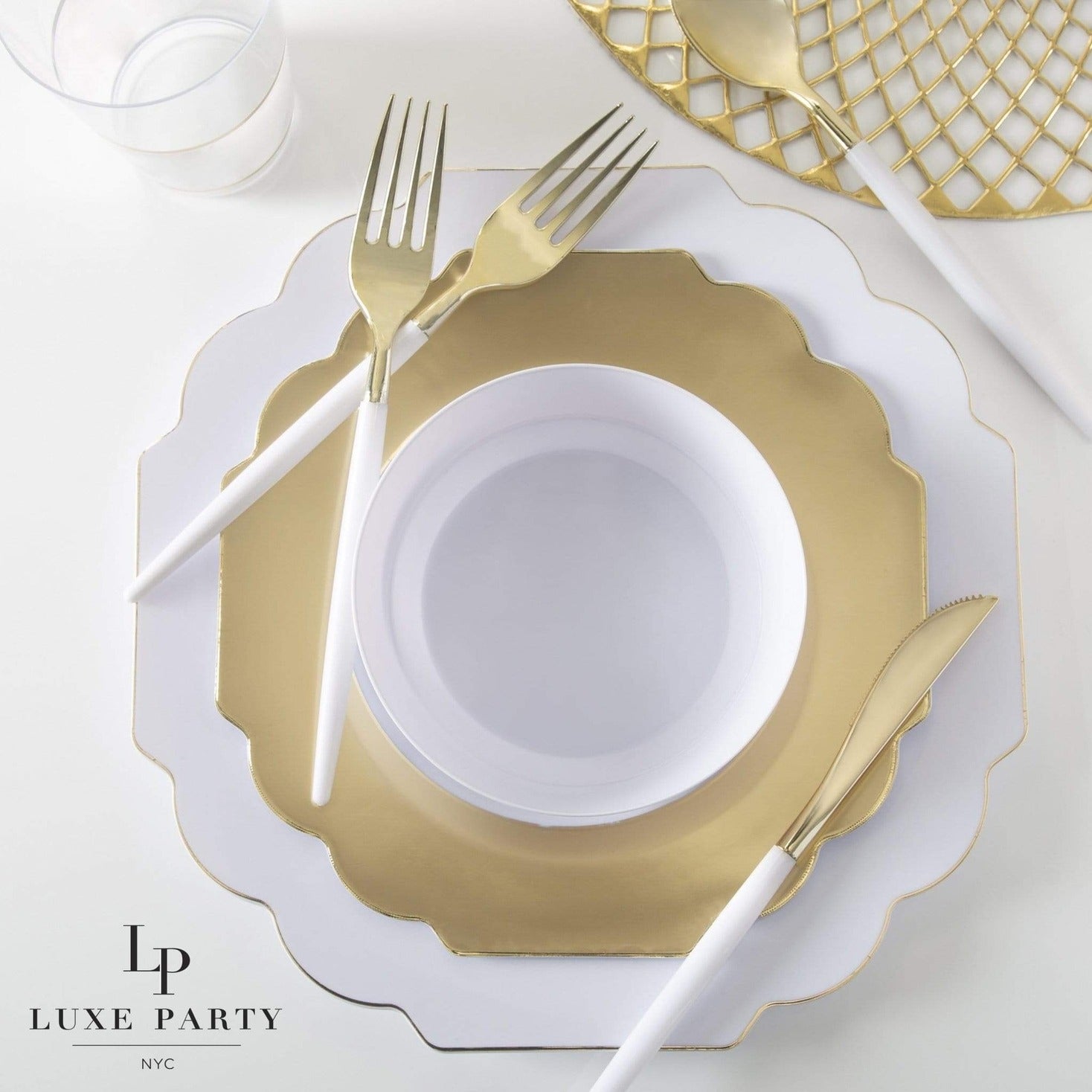 Gold and white dinnerware set with elegant scalloped plates for celebration from Parte Haus party supply store in Bethesda MD